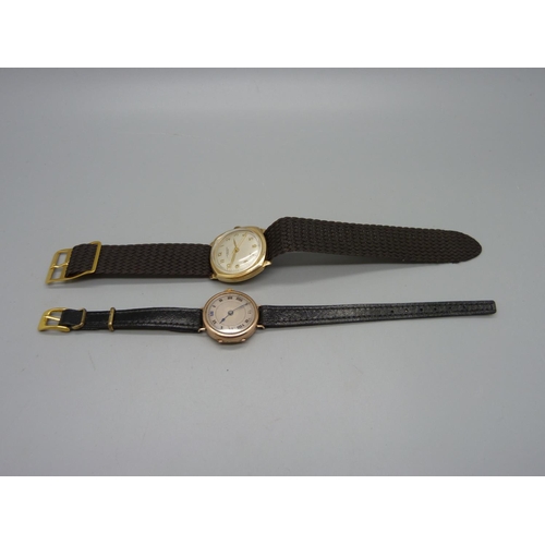 1121 - A gentleman's JW Benson 9ct gold wristwatch, 28mm, and a lady's 9ct gold wristwatch