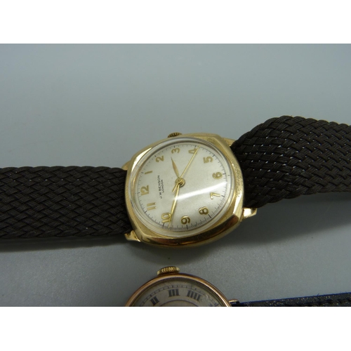 1121 - A gentleman's JW Benson 9ct gold wristwatch, 28mm, and a lady's 9ct gold wristwatch