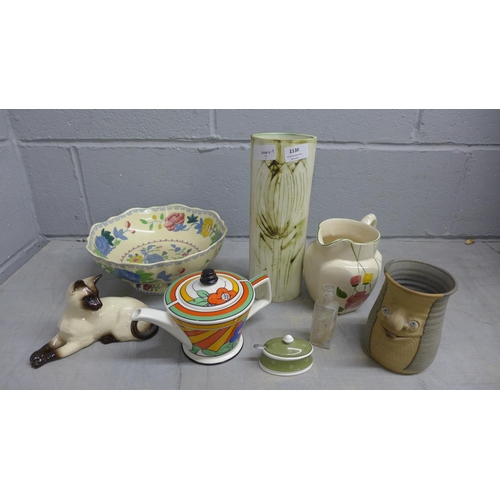 1130 - A Carn Pottery vase, a Mason's Regency bowl, a Royal Doulton cat figure, a Muggins mug, a Past Times... 