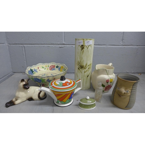 1130 - A Carn Pottery vase, a Mason's Regency bowl, a Royal Doulton cat figure, a Muggins mug, a Past Times... 