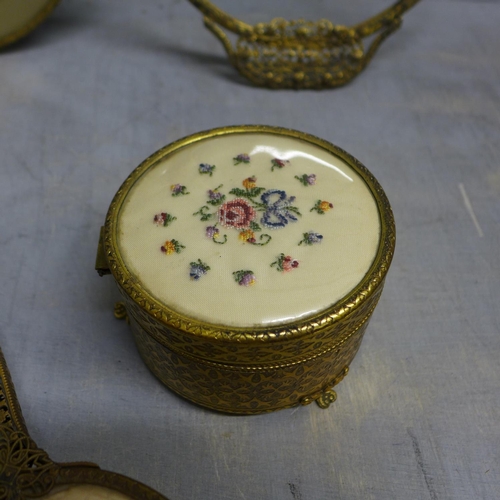 1137 - A collection of trinket pots, a tray, a hand mirror and a brush, all with embroidery **PLEASE NOTE T... 