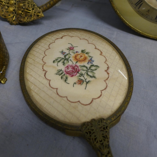 1137 - A collection of trinket pots, a tray, a hand mirror and a brush, all with embroidery **PLEASE NOTE T... 