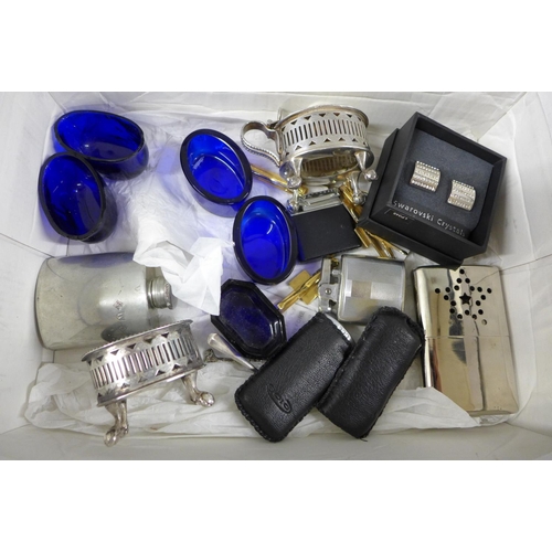 1179 - A selection of glassware and metalware including lighters, a glass plate and cups **PLEASE NOTE THIS... 