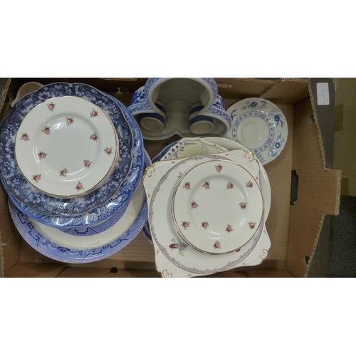 1201 - Four boxes of china and other ceramic items including figurines and a majolica candle holder with se... 