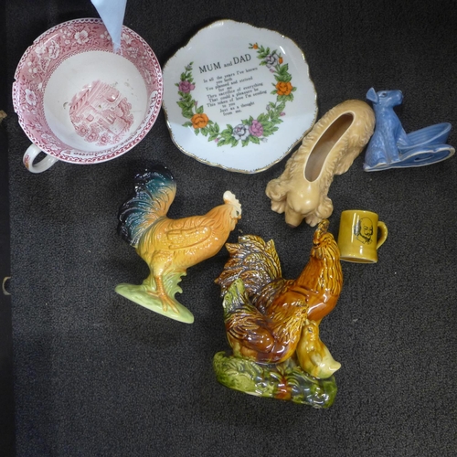 1201 - Four boxes of china and other ceramic items including figurines and a majolica candle holder with se... 