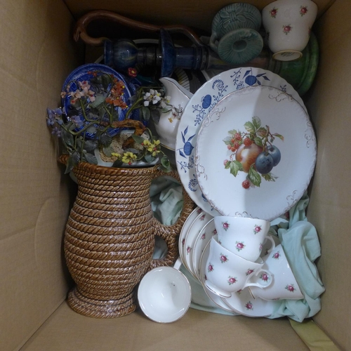 1201 - Four boxes of china and other ceramic items including figurines and a majolica candle holder with se... 