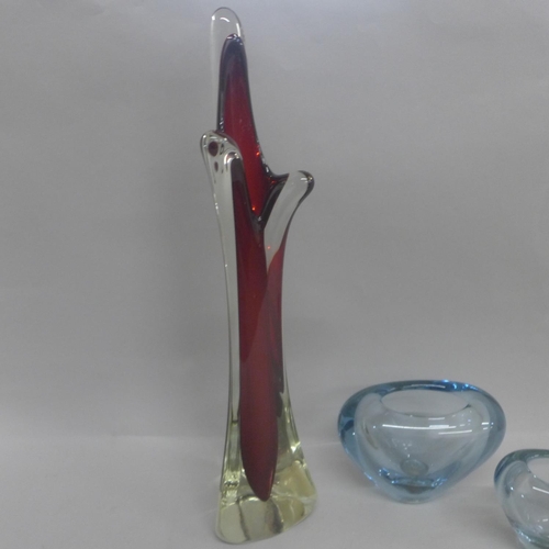 604 - A 1960's ruby red glass vase, 40cm and two smaller Whitefriars glass vases