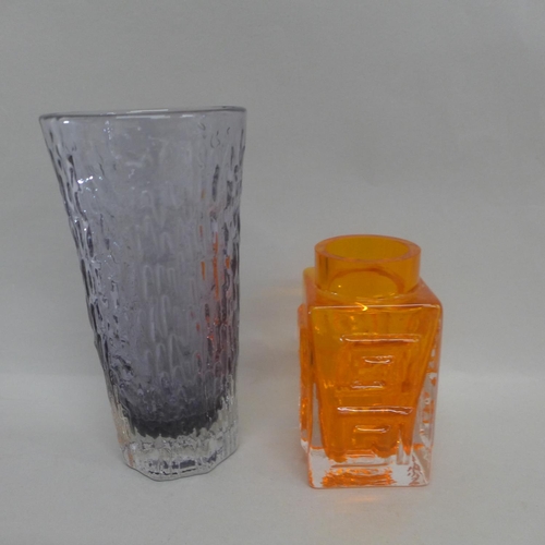 613 - A Whitefriars glass small Greek key vase shape 9815 in tangerine and a flared vase shape 9830 in lil... 