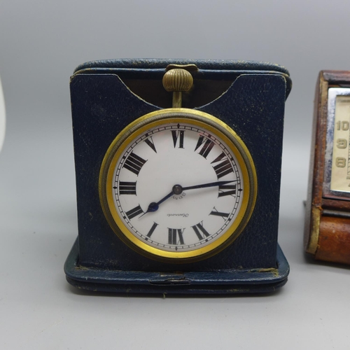 627 - Two travel clocks, Le Coultre and one marked Harrods, with 8 Days movements