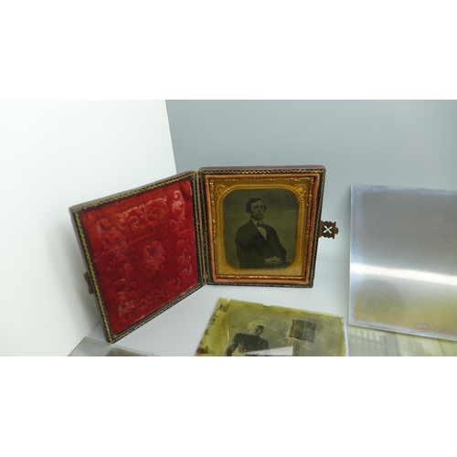 632 - A collection of glass photographic plates, mainly family portraits, circa 1900, and a daguerreotype ... 