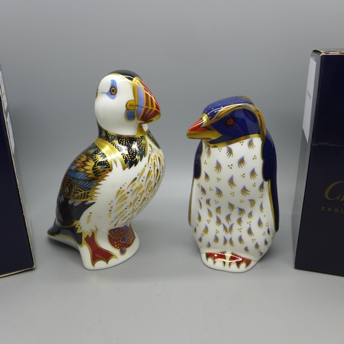 643 - Two Royal Crown Derby Sea Bird paperweights - Rockhopper Penguin, designed by John Ablitt and a Puff... 