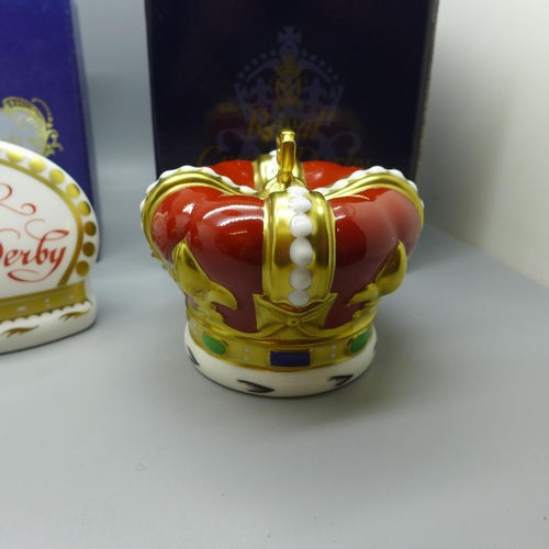 646 - Three Royal Crown Derby paperweights - Two Coronets, one to commemorate the Queens Golden Jubilee 20... 