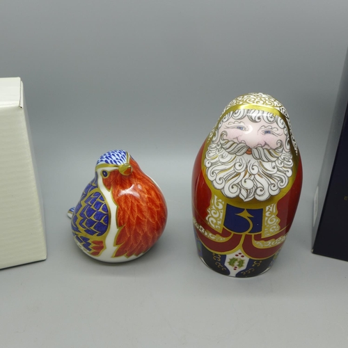 647 - Two Royal Crown Derby paperweights - Santa Claus in the form of a Russian doll, red robe with gold e... 