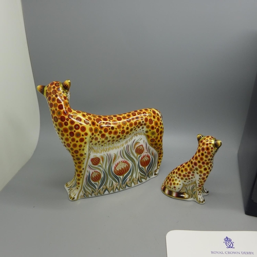 649 - Two Royal Crown Derby paperweights - Cheetah, 15cm, with gold stopper and box and a Cheetah Cub with... 