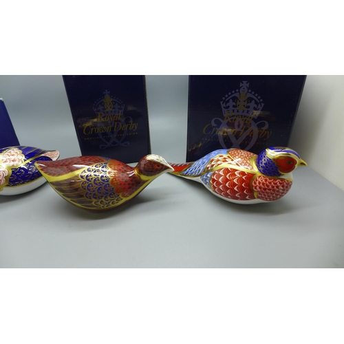 651 - Three Royal Crown Derby Bird paperweights - Pheasant, Coot and Quail, two with gold stoppers, one wi... 