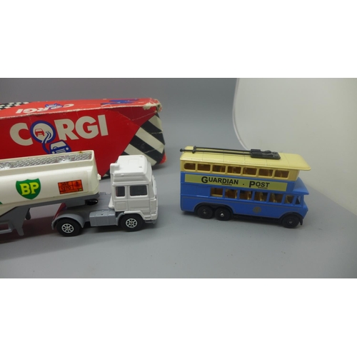 662 - A Corgi Toys BP Tanker with box, box a/f, a Lledo trolley bus and an Ertl Royal Mail van