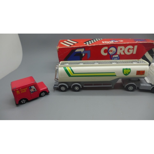 662 - A Corgi Toys BP Tanker with box, box a/f, a Lledo trolley bus and an Ertl Royal Mail van