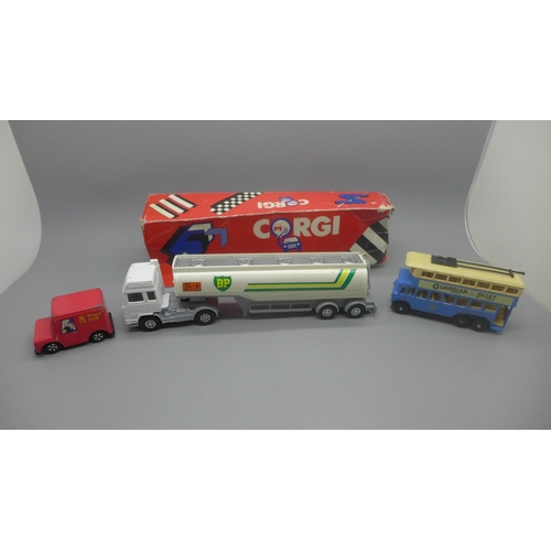 662 - A Corgi Toys BP Tanker with box, box a/f, a Lledo trolley bus and an Ertl Royal Mail van