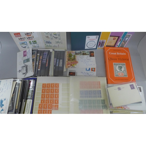 674 - Stamps; box of GB stamps, covers, mini-sheets, presentation packs, etc.