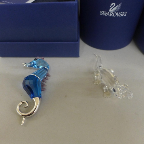 682 - Three pieces of Swarovski crystal, four parrots, alligator and sea horse