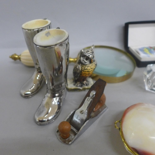 685 - Perfume bottles, a cold painted owl figure, magnifying glass, etc.