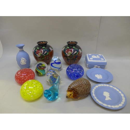 740 - A pair of Phoenix Ware vases, seven glass paperweights, a Wade hedgehog and four items of Wedgwood J... 