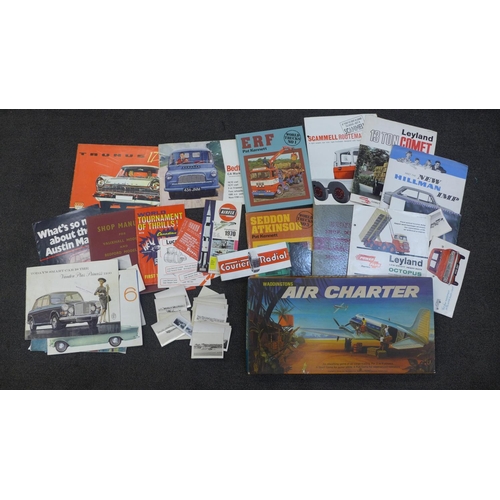 744 - A collection of 1960's car brochures, leaflets and books and a Waddingtons Air Charter game