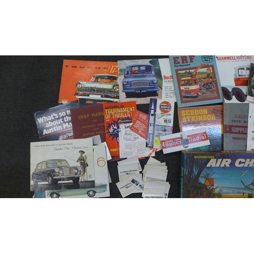 744 - A collection of 1960's car brochures, leaflets and books and a Waddingtons Air Charter game