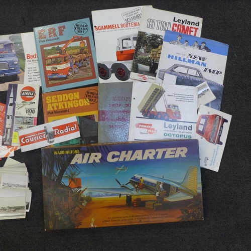 744 - A collection of 1960's car brochures, leaflets and books and a Waddingtons Air Charter game