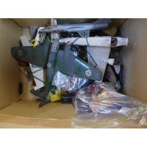 787 - A box of model kit parts, some constructed, a H.M.S. Victory Airfix kit, boxed, etc.