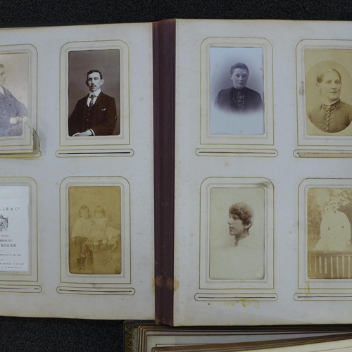 795 - Three Victorian photograph albums; one empty, two partially complete containing carte de visite and ... 