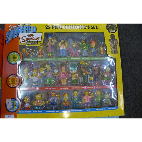 806 - A Simpsons 25-piece collectors  set, one other figure and DVD's