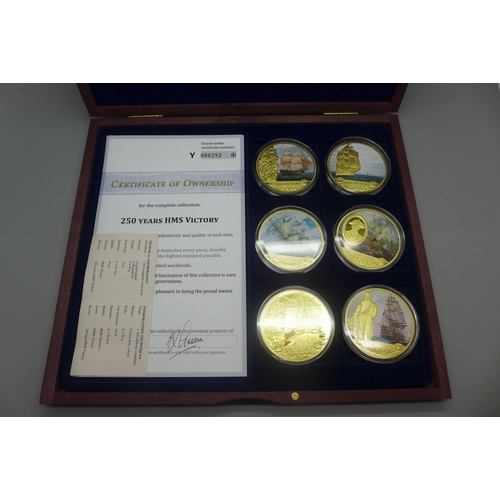 850 - The 250th Anniversary of HMS Victory, The Complete Six Coin Collection in wooden presentation box, w... 