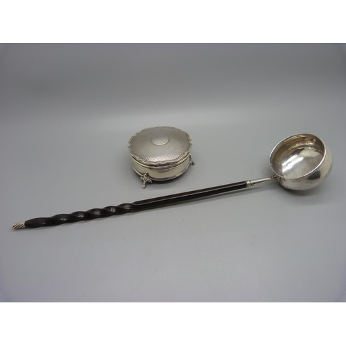 853 - A silver trinket pot and an early toddy ladle with baleen handle, bowl repaired