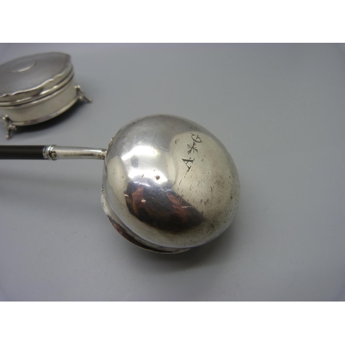 853 - A silver trinket pot and an early toddy ladle with baleen handle, bowl repaired