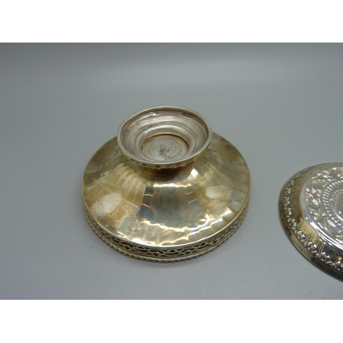 854 - An Indian white metal dish and a hallmarked silver dish, (47g and 75g)