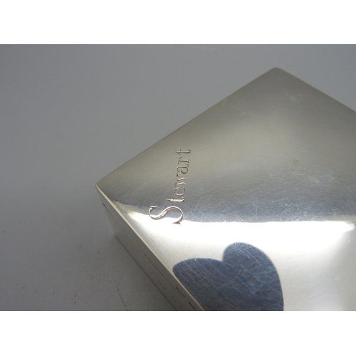 858 - A silver cigarette box, 86mm wide, total weight 221g, personalised