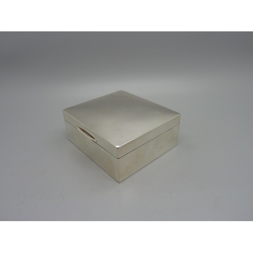 858 - A silver cigarette box, 86mm wide, total weight 221g, personalised