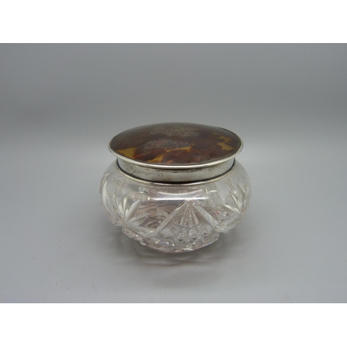 860 - A silver and tortoiseshell topped cut glass jar, Birmingham 1926