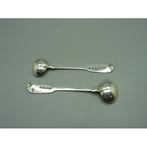 864 - Two silver mustard spoons, London 1826 and 1835