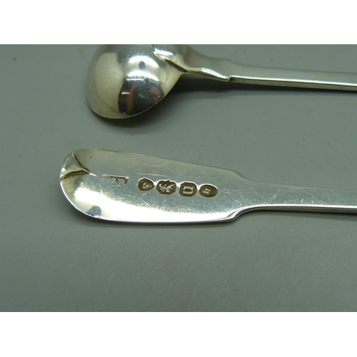 864 - Two silver mustard spoons, London 1826 and 1835