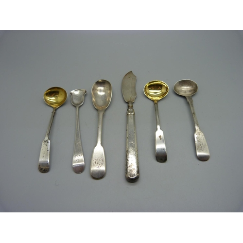 871 - Five 19th Century silver spoons and a butter knife, knife a/f, spoons 43g