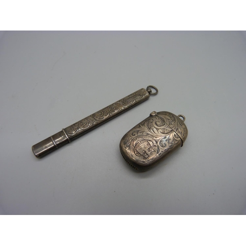 872 - A Victorian silver vesta case and a silver pencil holder