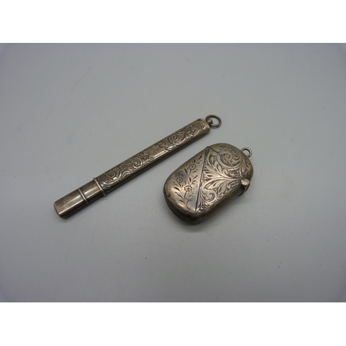 872 - A Victorian silver vesta case and a silver pencil holder