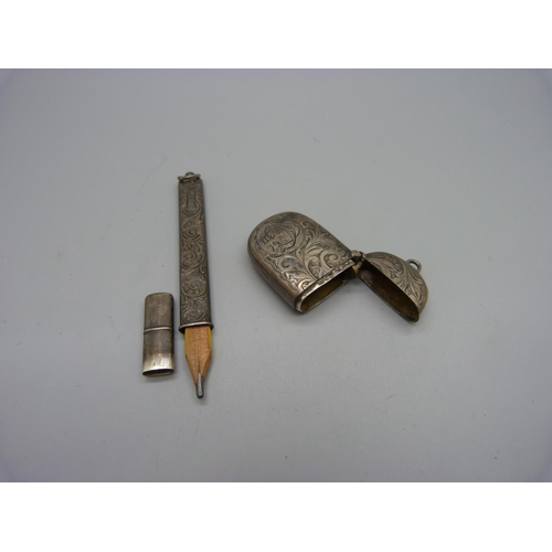 872 - A Victorian silver vesta case and a silver pencil holder