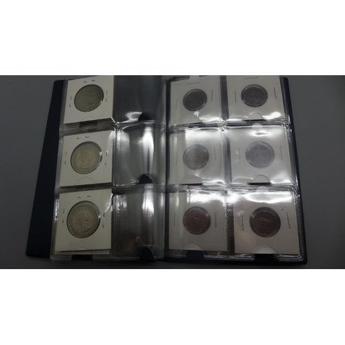 879 - Coins: a complete date set of Elizabeth II florins 1953-1967, also a set of six bronze farthings, Vi... 