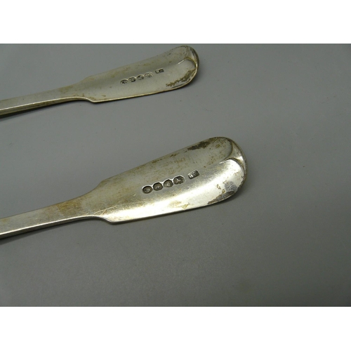 887 - A pair of William IV silver spoons, London 1834, James Beebe, a pair of silver salt spoons and one o... 