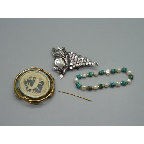 949 - Two brooches and a bracelet, one brooch a/f