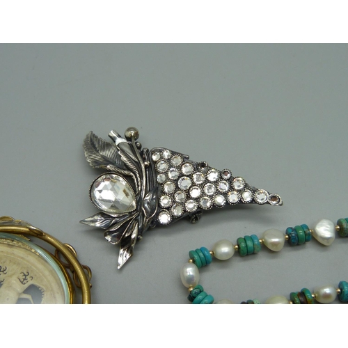 949 - Two brooches and a bracelet, one brooch a/f