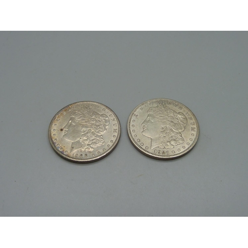 968 - Two U.S. one dollar coins, 1900 and 1921